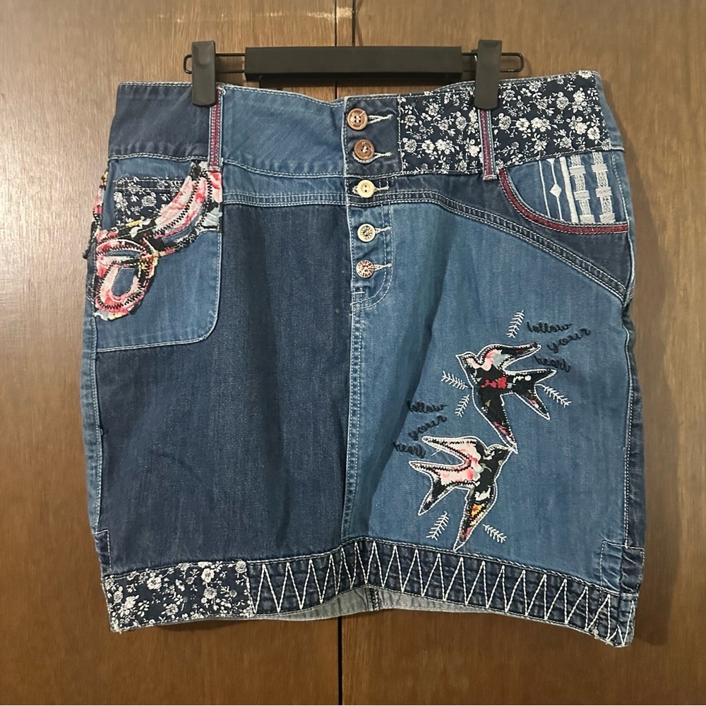 Joe Browns Multicolour Blue Patchwork Denim Skirt with Bird Embroidery Sz 12 - Picture 2 of 13